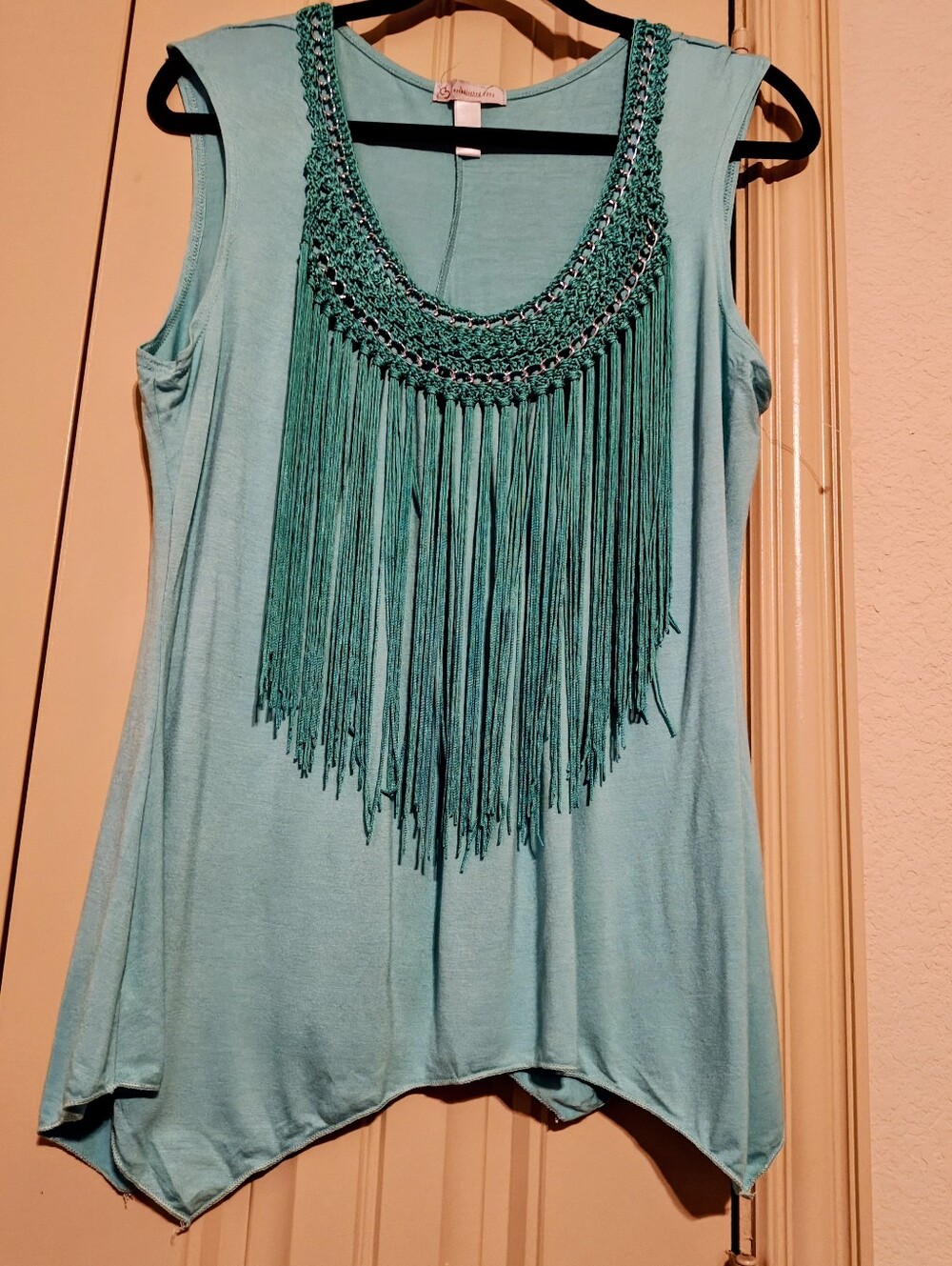 Boho Western Teal Fringe Tank Top XL Asymmetrical Hem 🩵🤠 NWOT